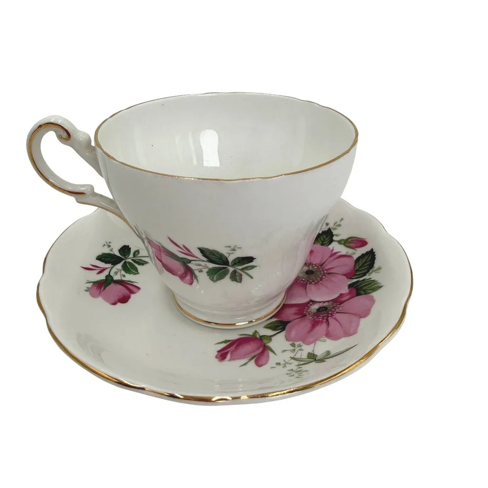 Regency English Bone China Tea Cup‎ Saucer Set White Pink Floral Gold Trim